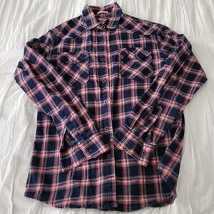 Wrangler Men's Long Sleeve Navy and Red Plaid Cotton Blend Shirt